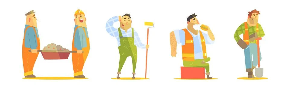 Funny Man Builder Character Work at Construction Site Vector Set Stock Illustration