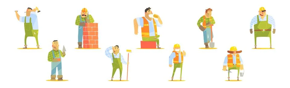 Funny Man Builder Character Work at Construction Site Vector Set Stock Illustration