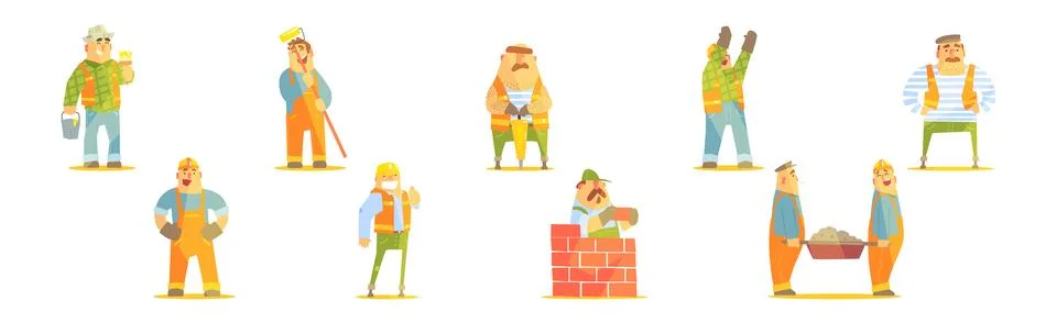 Funny Man Builder Character Work at Construction Site Vector Set Stock Illustration