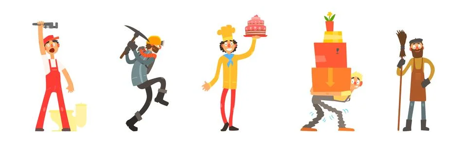 Funny Man Character Engaged in Different Occupation Vector Set Stock Illustration