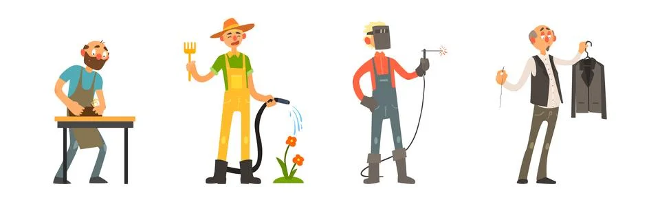 Funny Man Character Engaged in Different Occupation Vector Set Stock Illustration