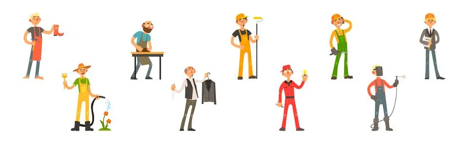 Funny Man Character Engaged in Different Occupation Vector Set Stock Illustration
