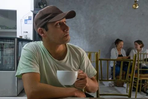 Funny man drinking coffee Stock-Fotos