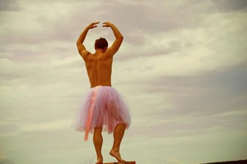 Funny man freak. Crazy ballerina. drag queen. Man in ballerina skirt outdoor Stock Photos