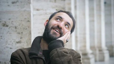 Funny man makes the graceful and enamored gesture to the camera-outdoor 스톡 동영상 112332367