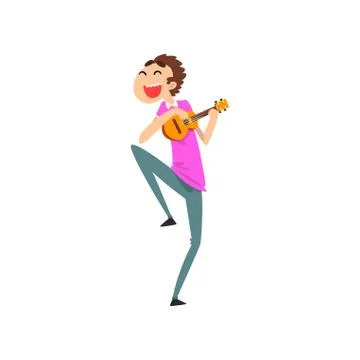 Funny man playing ukulele, smiling guy with small guitar vector Illustration Stock Illustration