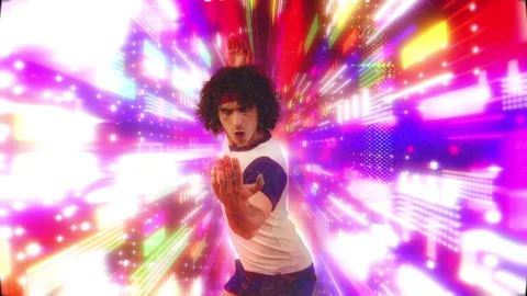Funny man practicing karate kicks on 80s style background, action movie parody Vidéo 229147686