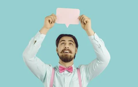 Funny man show empty speech bubble with offer Stock Photos