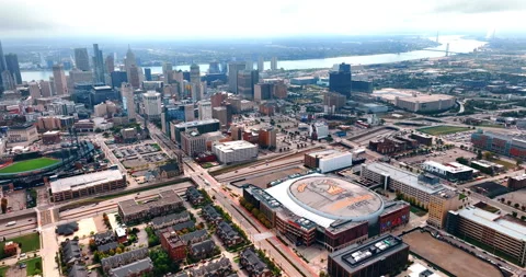 Funny man on the top of Little Caesar Arena in Detroit, Michigan, USA. Stock Footage 321962945