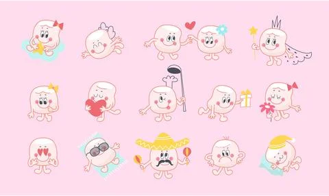 Funny marshmallow characters. Cartoon marshmallows girl boy different Stock Illustration