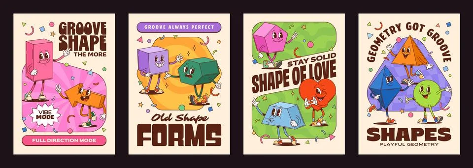 Funny math shape groovy characters retro posters Stock Illustration
