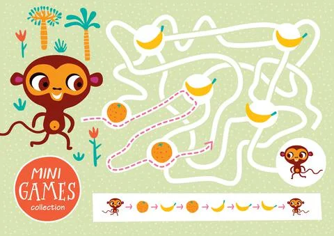 Funny maze for children. Feed the monkey. Mini games collections. Illustrazione stock
