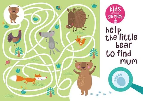 Funny maze for children. Help the bear to find mum. Kids learning games collecti Stock Illustration