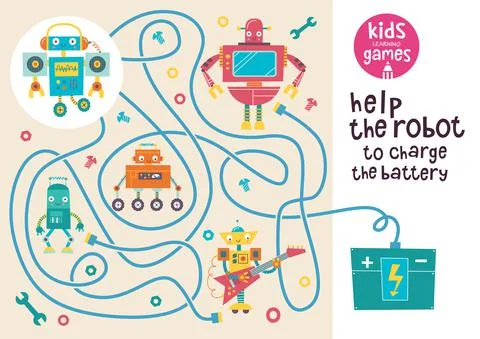 Funny maze for children. Help the robot to charge the battery. Kids learning gam Stock Illustration