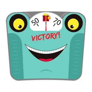 Funny mechanical bathroom scale with face and smile. Victory over excess weight. Illustrazione stock
