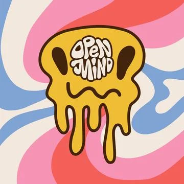 Funny melt smile face with quote inside - Open mind. Trippy smiley smile Stock Illustration