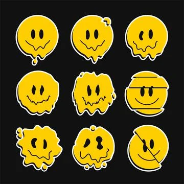 Funny melt smile faces set collection.Vector cartoon 90s character sticker pack Stock Illustration
