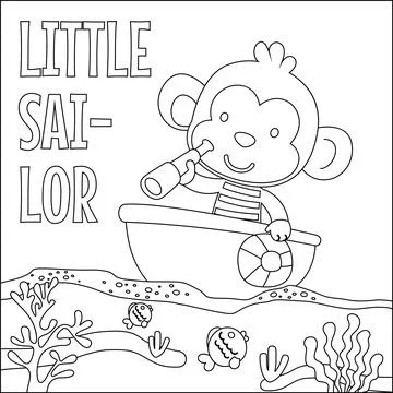 Funny monkey cartoon vector on little boat with cartoon style, Stock-Illustration
