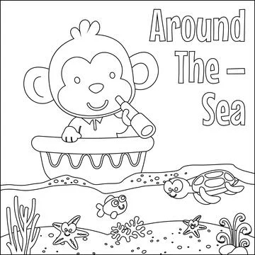 Funny monkey cartoon vector on little boat with cartoon style, Stock-Illustration