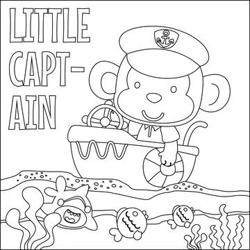 Funny monkey cartoon vector on little boat with cartoon style, Stock-Illustration