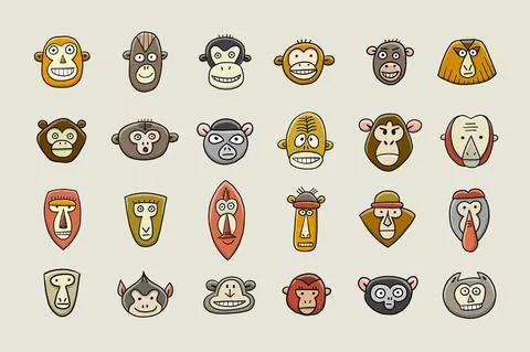 Funny monkey faces, icon collection. Sketch for your design. Childish style Stock Illustration