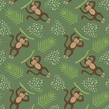Funny monkey on a green background with leaves and dots. Stock Illustration