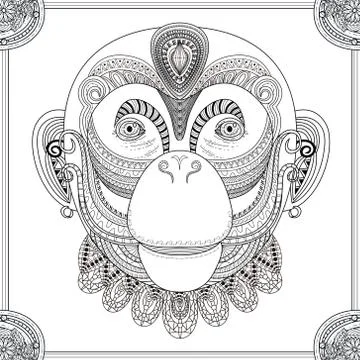 Funny monkey head coloring page Stock Illustration