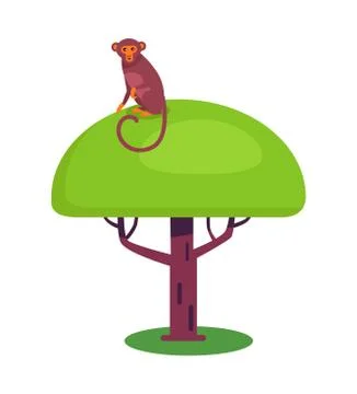Funny Monkey with Long Tail Sits on Big Leafy Tree Stock Illustration