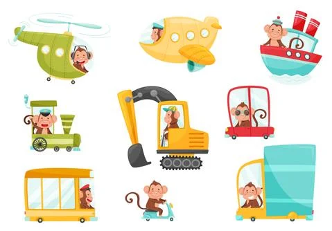 Funny Monkey with Protruding Ears Driving Bus and Sailing Boat Vector Set Stock-Illustration