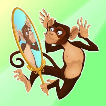 Funny monkey reflecting himself in a mirror. Stock-Illustration