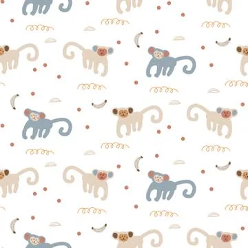 Funny monkeys seamless pattern. Cute apes childish print design vector. Illustrazione stock