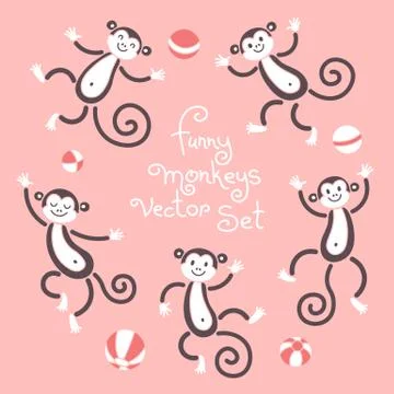 Funny monkeys vector isolated set of illustrations. Lovely monkey and balls Stock Illustration