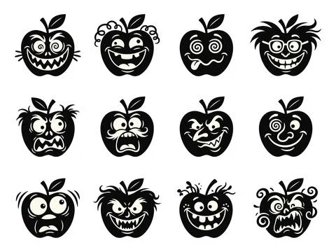 Funny monster apple faces collection silhouette vector illustration Stock Illustration