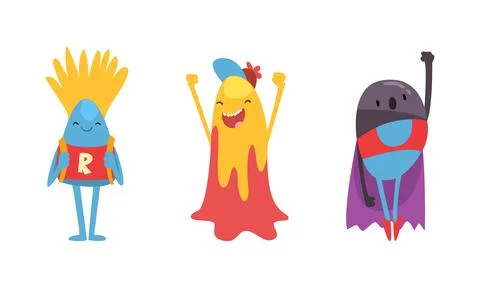 Funny Monster Character with Backpack and in Superhero Cloak Vector Set Stock Illustration