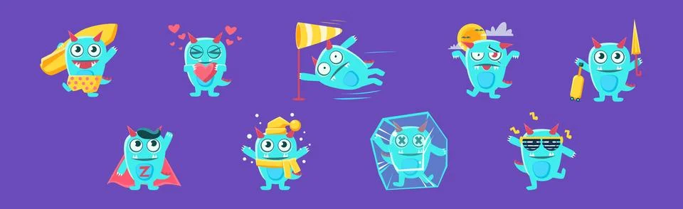 Funny Monster Character Engaged in Different Activity Vector Set Stock Illustration