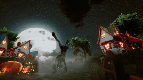 Funny monster dancing on the background of a full moon. Halloween night. 스톡 동영상 252042431