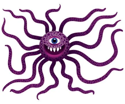 Funny monster with long tentacles. Cyclops mutant with teeth. Purple octopus Stock Illustration