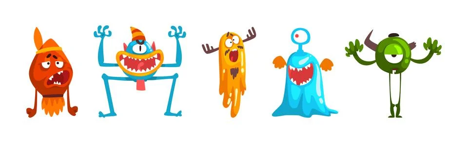 Funny Monster with Spooky Muzzle with Teeth and Bulging Eye Vector Set Stock Illustration