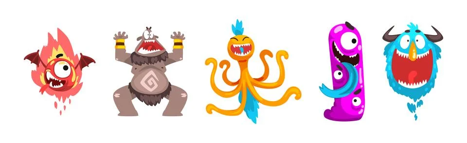 Funny Monster with Spooky Muzzle with Teeth and Bulging Eye Vector Set Stock Illustration