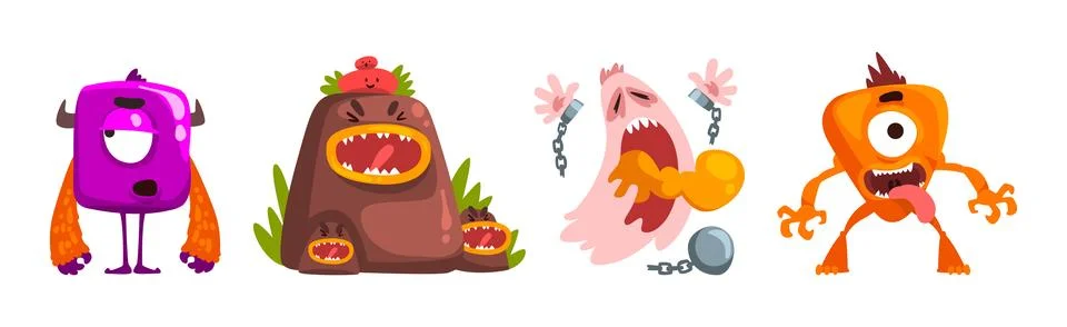 Funny Monster with Spooky Muzzle with Teeth and Bulging Eye Vector Set Stock Illustration