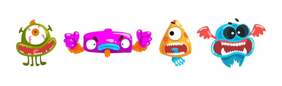 Funny Monster with Spooky Muzzle with Teeth and Bulging Eye Vector Set Stock Illustration