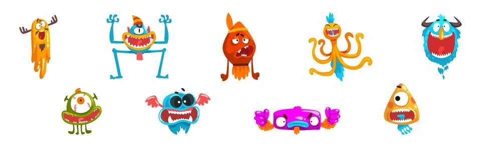 Funny Monster with Spooky Muzzle with Teeth and Bulging Eye Vector Set Stock Illustration