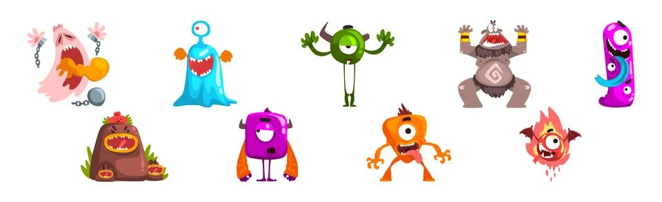 Funny Monster with Spooky Muzzle with Teeth and Bulging Eye Vector Set Stock Illustration