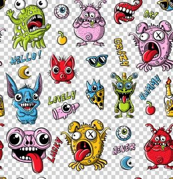 Funny monsters seamless pattern. Hand drawn cartoon characters illustration. Stock Illustration