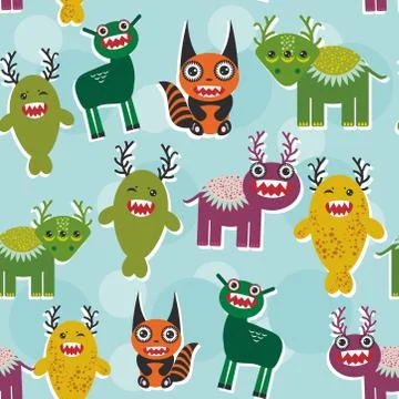Funny monsters Set. seamless pattern on blue background. Vector Stock Illustration