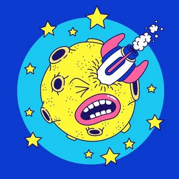 Funny moon with a rocket in the eye Stock Illustration