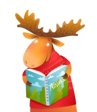 Funny Moose Reading Book in Winter Kids Character Illustrazione stock