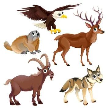 Funny mountain animals, deer, eagle, groundhog, steinbock, wolf Illustrazione stock