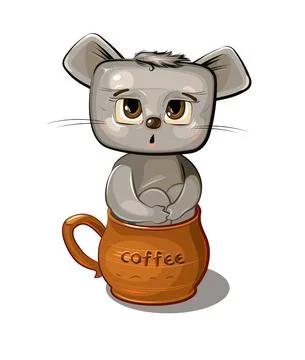 Funny Mouse sits in a brown ceramic coffee mug. Cute comedian animal. Flat ca Stock Illustration