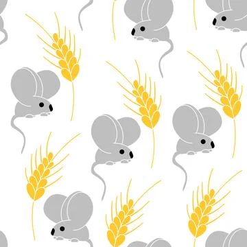 Funny mouse with spikelet seamless pattern on white background. Stock Illustration